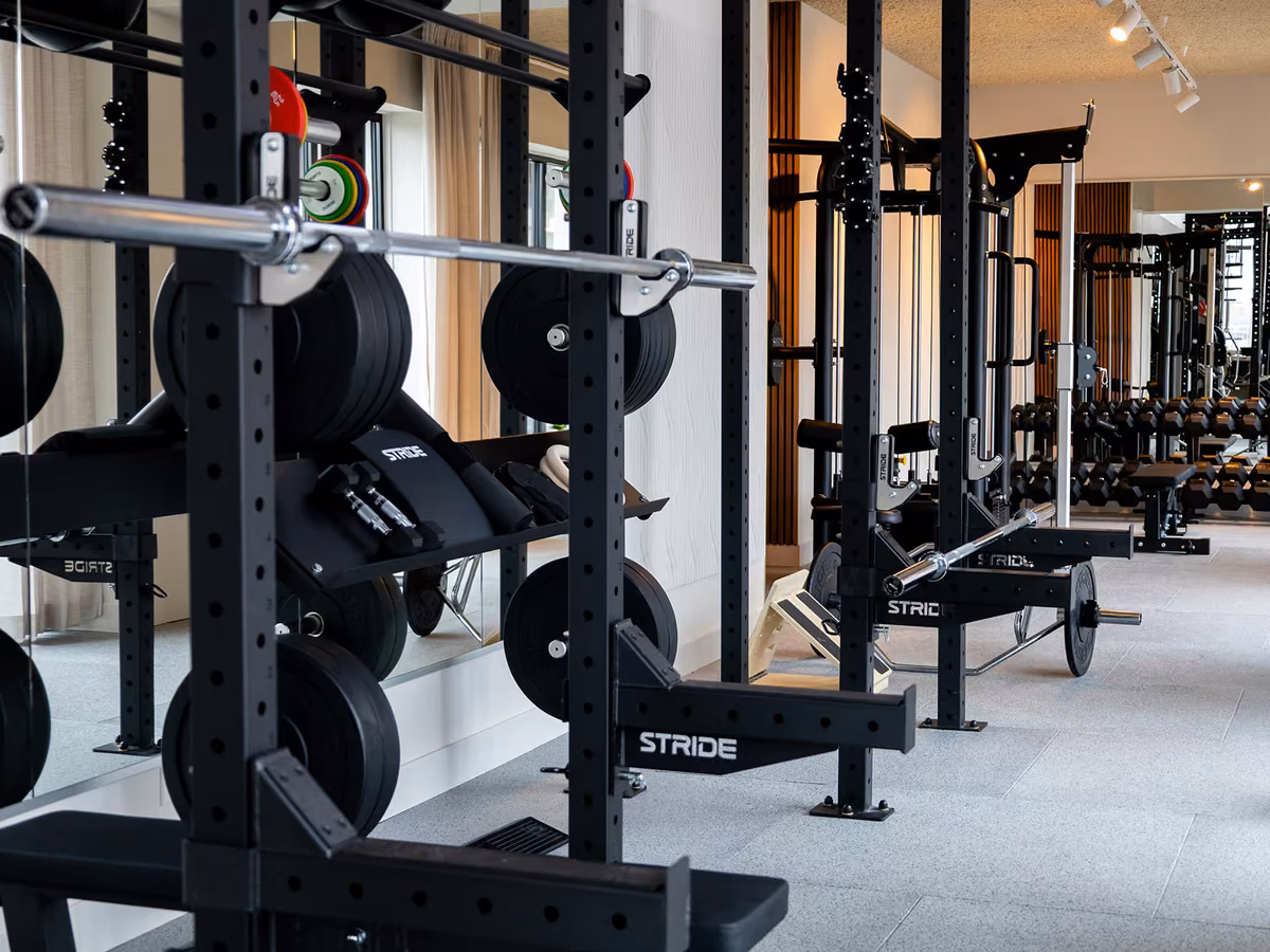 De krachthoek met squat racks en barbells